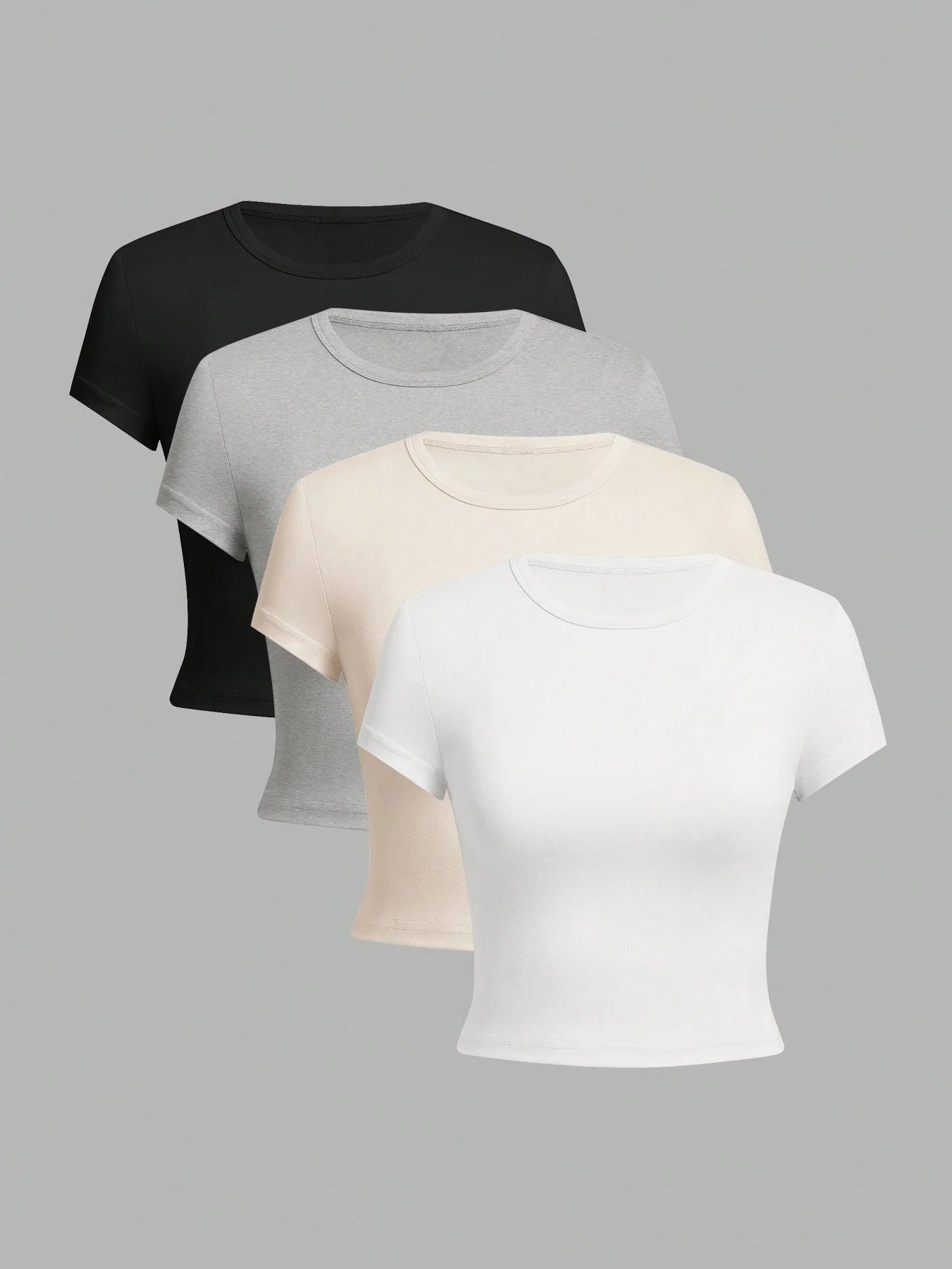 4 pieces Solid color basic short sleeved tight fitting T-shirt for women's casual summer minimalist women's style top O-neck Quick Pick Grocers